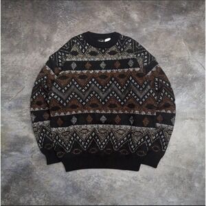 Vintage Impact Sweater Mens L Geometric Aztec Leather Trim Pullover 90s Korea